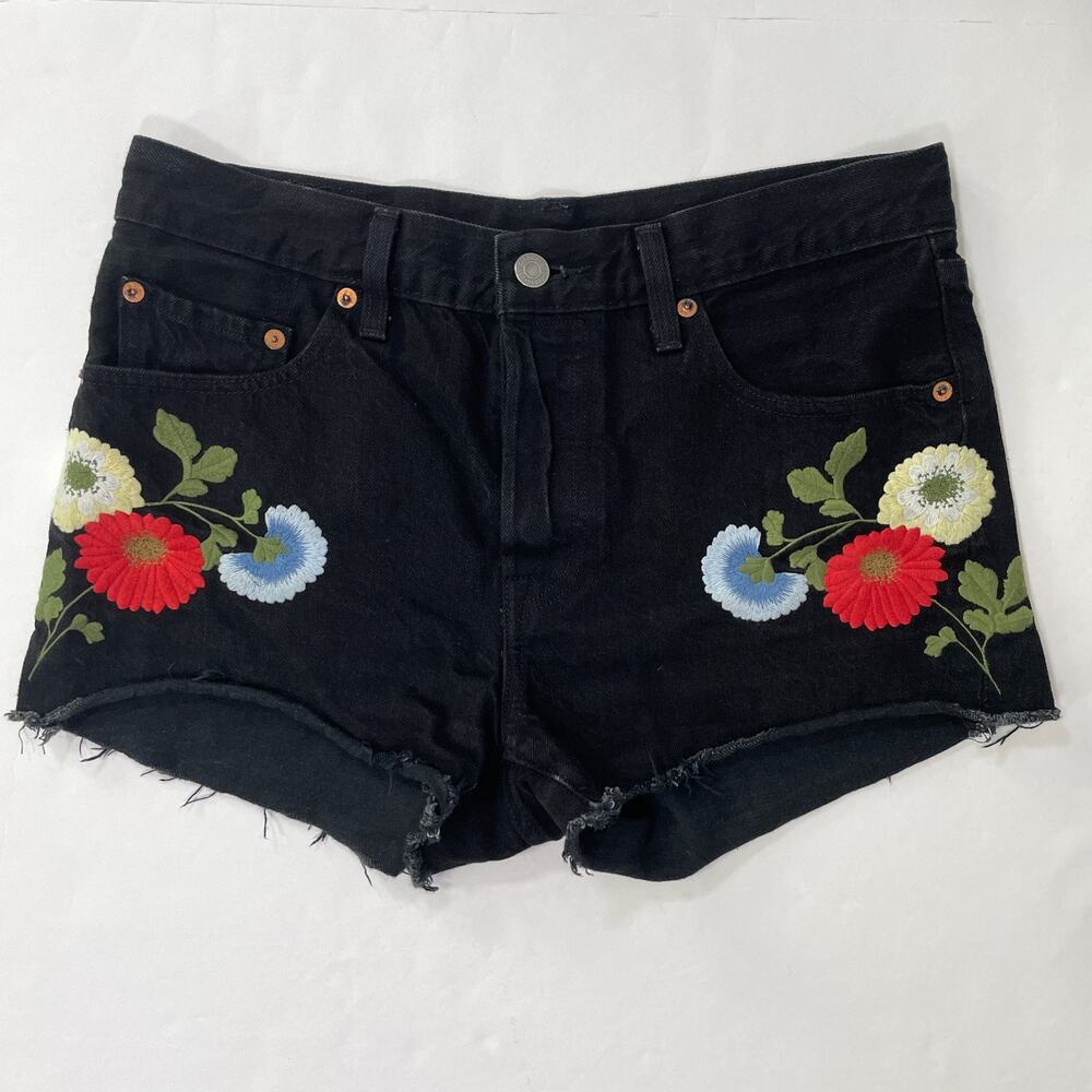 Levis Womens 501 Cutoff Denim Shorts 27 Black Festival Floral Embroidered Boho